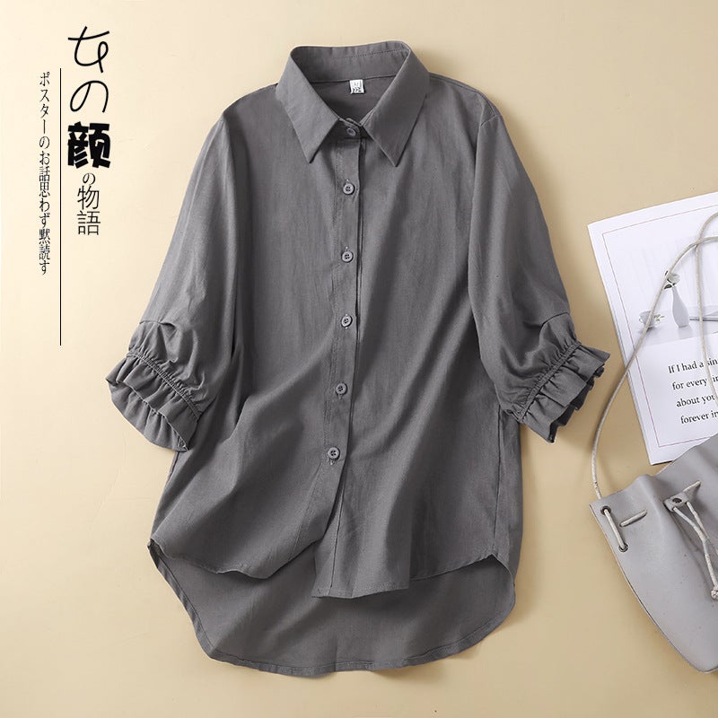 Real S 2023 Korean Cotton And Linen Solid Color Single-Breasted Loose Large Size Thin Seven-Sleeved Shirt Top - Image 3
