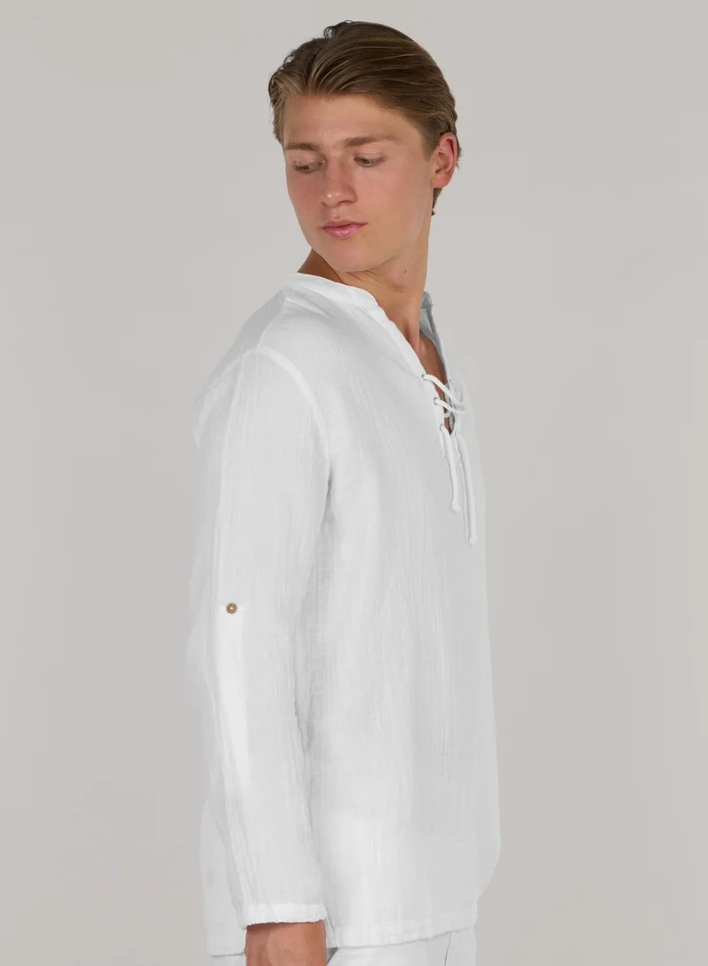 Just Nature White Lace-Up Cotton Resort Top for Men | Best Price UAE