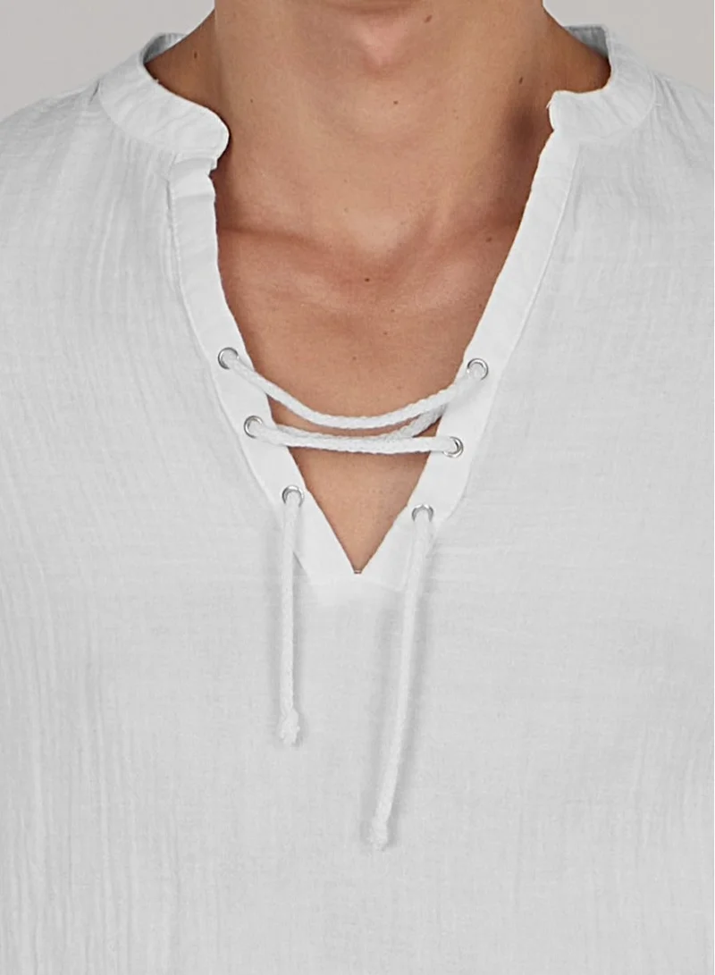 Just Nature White Lace-Up Cotton Resort Top for Men | Best Price UAE
