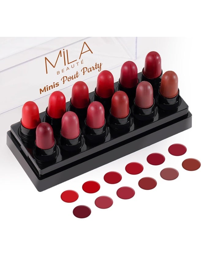 ميلا بيوتي مجموعة أحمر الشفاه "ميلا بوتيه" (Mila Beauté) المصغرة - 12 لوناً بتركيبة كريمية مطفية (Matte) | مرطب للشفاه وخفيف الوزن | أحمر شفاه يدوم طويلاً للنساء | مناسب لجميع درجات البشرة الهندية | تدرجات الألوان: البني والأحمر | الوزن: 12 جم - Image 1