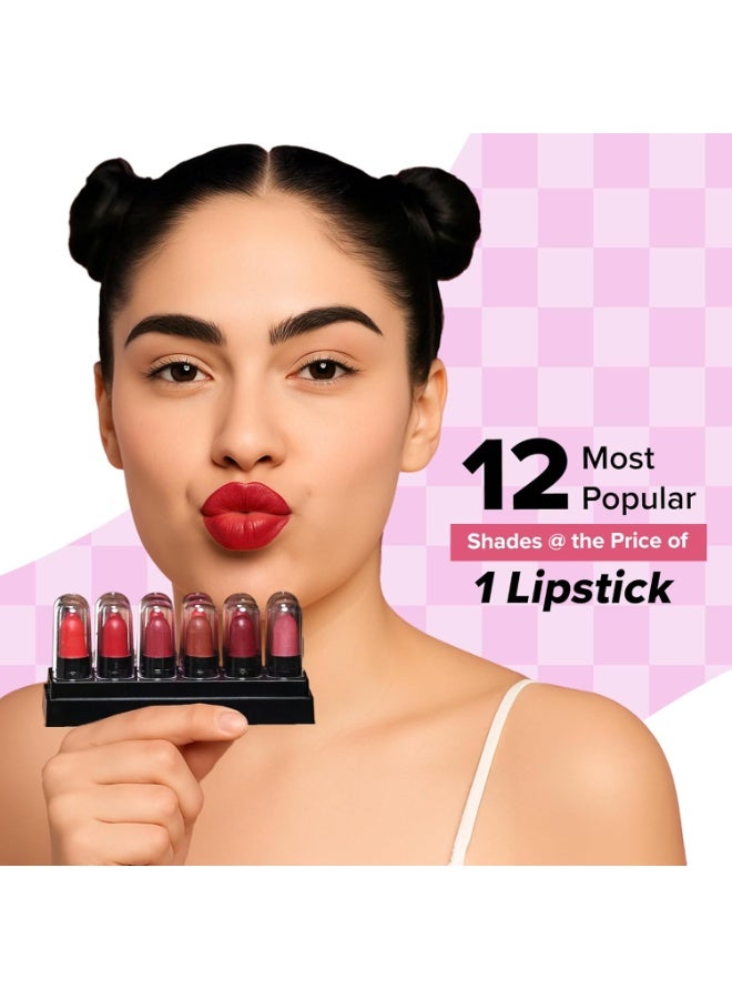 ميلا بيوتي مجموعة أحمر الشفاه "ميلا بوتيه" (Mila Beauté) المصغرة - 12 لوناً بتركيبة كريمية مطفية (Matte) | مرطب للشفاه وخفيف الوزن | أحمر شفاه يدوم طويلاً للنساء | مناسب لجميع درجات البشرة الهندية | تدرجات الألوان: البني والأحمر | الوزن: 12 جم - Image 2