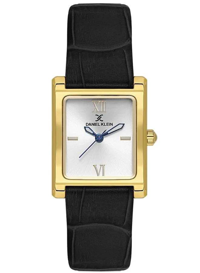 DANIEL KLEIN Women's Leather Gold Alloy Case Analog Silver Square Sunray Dial Japanese Quartz Premium 30 Meters Water Resistant