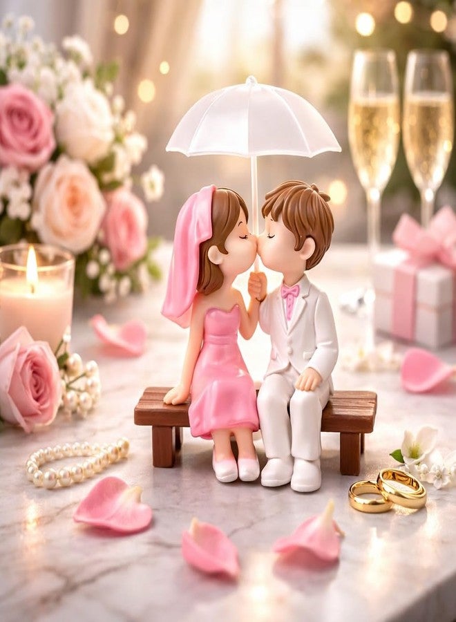 SHIVAMKRAFT 1 Set Romantic Bride Groom Showpiece Under Umbrella – Wedding Gift for Couple, for Husband Wife, Newlywed Miniature Statue for Home Decor, Cake Topper Decoration (Pink & White) - Image 1