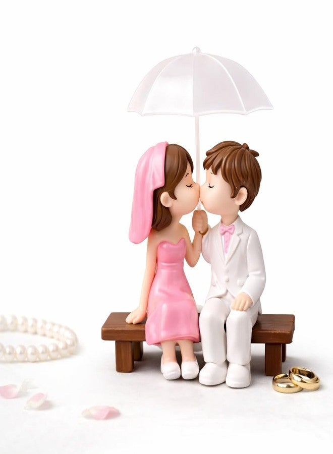 SHIVAMKRAFT 1 Set Romantic Bride Groom Showpiece Under Umbrella – Wedding Gift for Couple, for Husband Wife, Newlywed Miniature Statue for Home Decor, Cake Topper Decoration (Pink & White) - Image 2