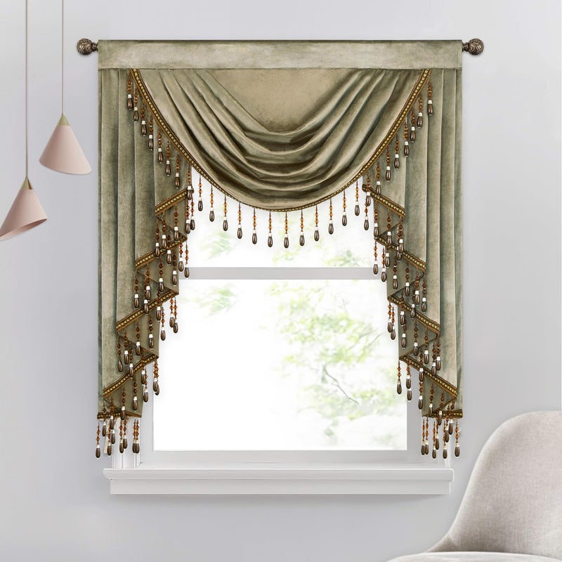 VOGOL Brown Luxury Velvet Waterfall Valance, Soft Touch Vintage Style Swag Curtain Drapes for Living Dining Room, Rod Pocket Privacy Window Treatments, 1 Panel, 39 Inches Wide - Image 1