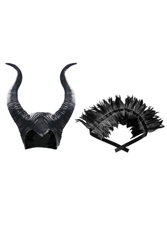 Black Cape - Halloween Hooded Cloak Cape - Black feather vest + vinyl horns - Cosplay Costume, Medieval Cape, Adult Magic Robe, Party Fancy Dress, Performance Prop - Image 1