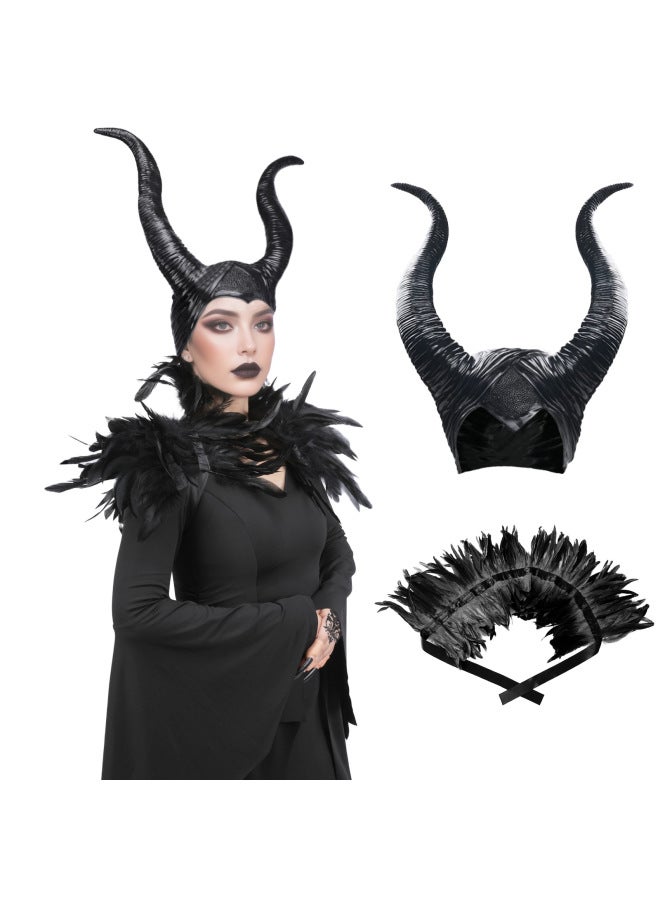 Black Cape - Halloween Hooded Cloak Cape - Black feather vest + vinyl horns - Cosplay Costume, Medieval Cape, Adult Magic Robe, Party Fancy Dress, Performance Prop - Image 2