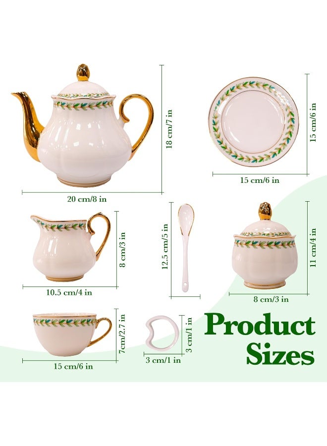 BS B&S 31-Piece Porcelain Tea Set | French Floral Vintage Tea Cup Saucer Set | Ceramic Tea Party Set with Tea Pot | Flower Painting Party Dinner Set | Home Décor Cup and Saucer (Green) - Image 3