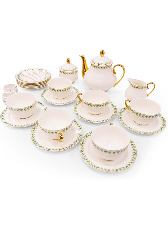 BS B&S 31-Piece Porcelain Tea Set | French Floral Vintage Tea Cup Saucer Set | Ceramic Tea Party Set with Tea Pot | Flower Painting Party Dinner Set | Home Décor Cup and Saucer (Green) - Image 1