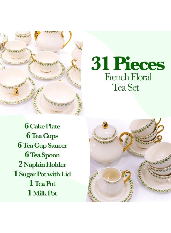 BS B&S 31-Piece Porcelain Tea Set | French Floral Vintage Tea Cup Saucer Set | Ceramic Tea Party Set with Tea Pot | Flower Painting Party Dinner Set | Home Décor Cup and Saucer (Green) - Image 4