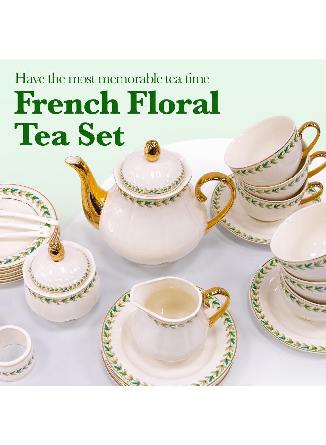 BS B&S 31-Piece Porcelain Tea Set | French Floral Vintage Tea Cup Saucer Set | Ceramic Tea Party Set with Tea Pot | Flower Painting Party Dinner Set | Home Décor Cup and Saucer (Green) - Image 5