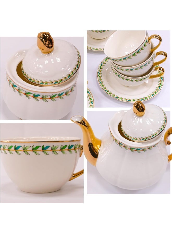 BS B&S 31-Piece Porcelain Tea Set | French Floral Vintage Tea Cup Saucer Set | Ceramic Tea Party Set with Tea Pot | Flower Painting Party Dinner Set | Home Décor Cup and Saucer (Green) - Image 2