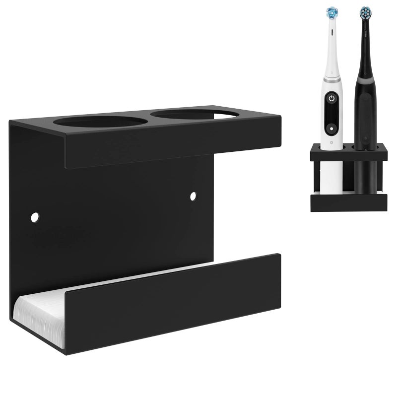 Linkidea Wall Mount Electric Toothbrush Holder for Bathroom 2 Slots Aluminum Alloy Power Toothbrush Hanger Self Adhesive Brush Organizer Compatible with OralB iO Series Black