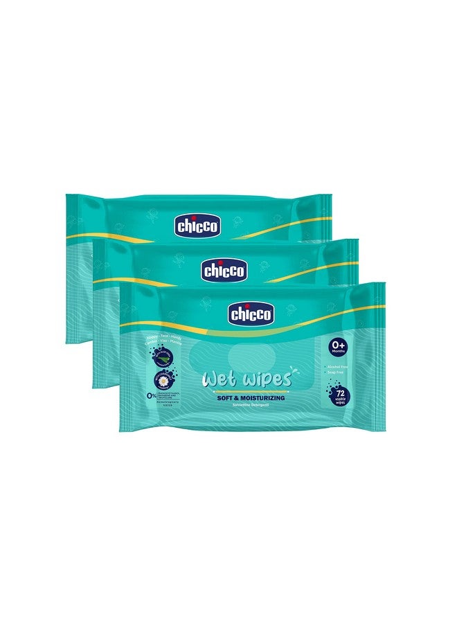 Chicco Soft Cleansing Wet Baby Wipes, Ideal For Nappy, Face And Hand, Dermatologically Tested, Paraben Free, Sticker Pack Of 3 (72 Sheets Per Pack) 216 Pcs, White  - Image 1