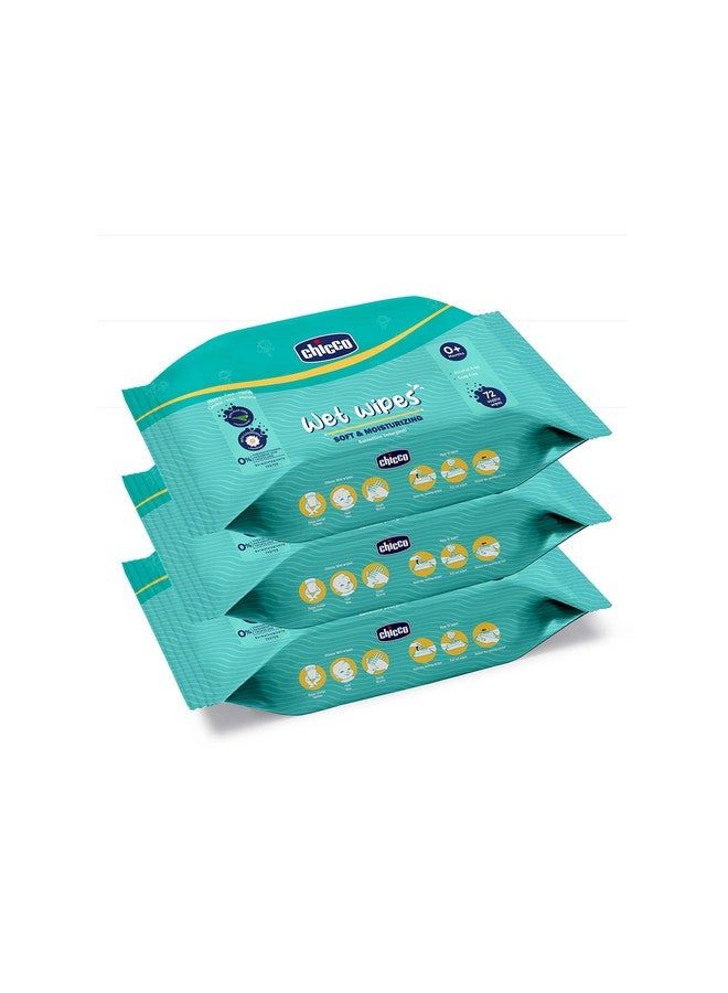 Chicco Soft Cleansing Wet Baby Wipes, Ideal For Nappy, Face And Hand, Dermatologically Tested, Paraben Free, Sticker Pack Of 3 (72 Sheets Per Pack) 216 Pcs, White  - Image 2