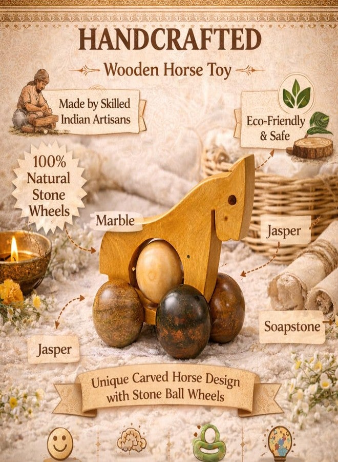 Santarms Handcrafted Natural Wood Horse Toy with Wheels Elegant Wooden Push Toy Decor - Retro Carvings Hand Roller Miniature Pull-Along Toy for Ages 2-5, Brown Perfect Showpiece for Kids - Image 5