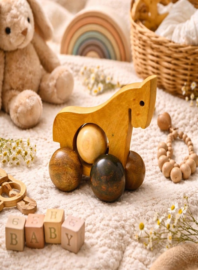 Santarms Handcrafted Natural Wood Horse Toy with Wheels Elegant Wooden Push Toy Decor - Retro Carvings Hand Roller Miniature Pull-Along Toy for Ages 2-5, Brown Perfect Showpiece for Kids - Image 1