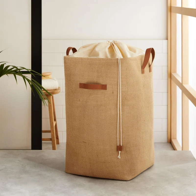 Ocean Home Textile Jute Drawstring Folding Dirty Laundry Inside Wardrobe Children's Room Toy Organizer Storage Basket 36x36x57 cm