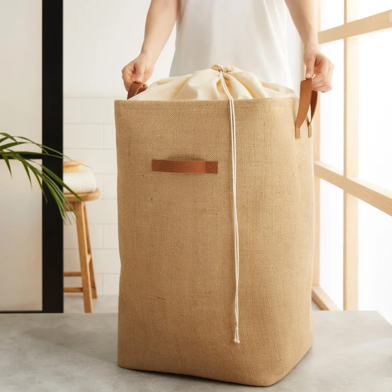 Ocean Home Textile Jute Drawstring Folding Dirty Laundry Inside Wardrobe Children's Room Toy Organizer Storage Basket 36x36x57 cm
