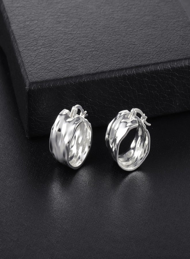 ALEXCRAFT 925 Sterling Silver Earrings Hammered Small Chunky Hoop Earrings for Women Hypoallergenic Thick Hoop Earring Silver Wide Chunky Hoops - Image 4