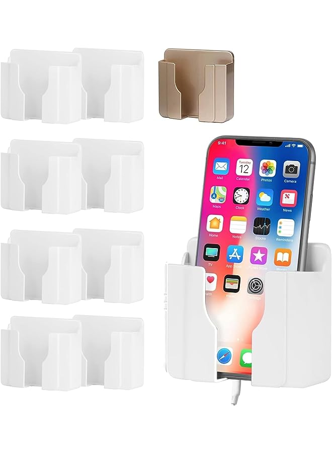 PROMASS 9PCS Wall Mount Cell Phone Charging Holder, White&Gold Adhesive Mobile Phone Wall Stand for Charger,Phone Stand with Data Cable Receiving Hole/Self Adhesive for Shower/Charging  - Image 1