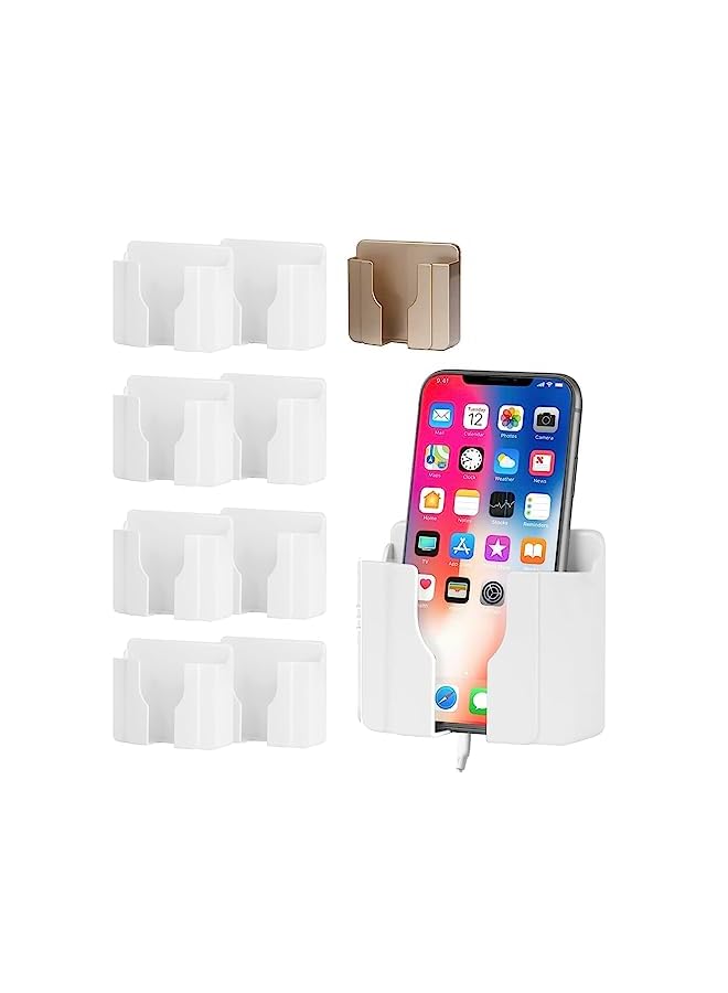 PROMASS 9PCS Wall Mount Cell Phone Charging Holder, White&Gold Adhesive Mobile Phone Wall Stand for Charger,Phone Stand with Data Cable Receiving Hole/Self Adhesive for Shower/Charging  - Image 2