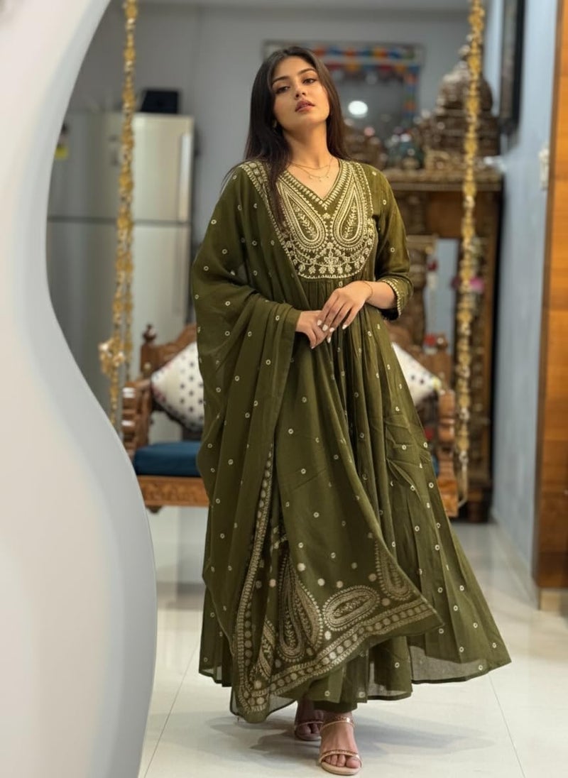 ANNI Designer Women's Rayon Viscose Printed Anarkali Kurta with Pant & Dupatta (Daiwata Mehandi_L_Mehandi_Large) - Image 3