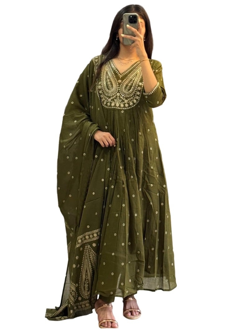 ANNI Designer Women's Rayon Viscose Printed Anarkali Kurta with Pant & Dupatta (Daiwata Mehandi_L_Mehandi_Large) - Image 1