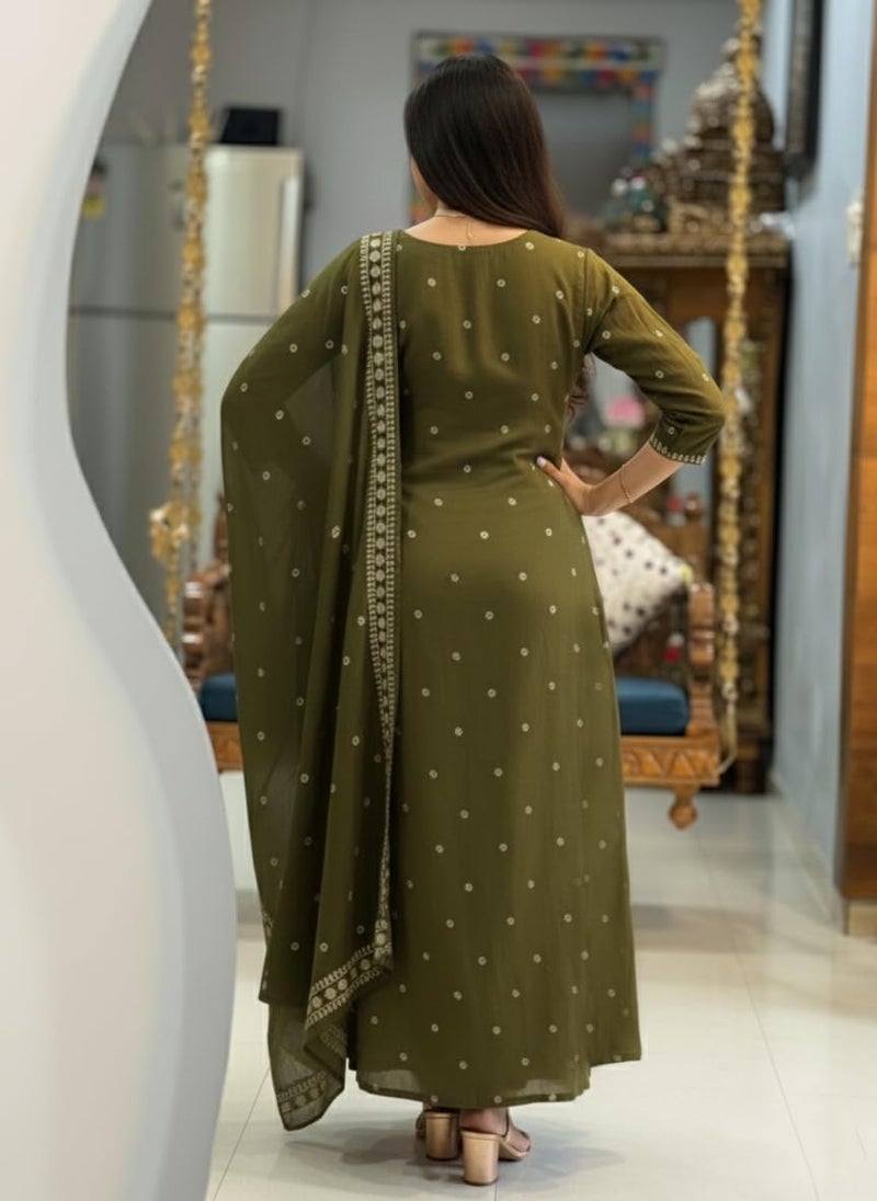 ANNI Designer Women's Rayon Viscose Printed Anarkali Kurta with Pant & Dupatta (Daiwata Mehandi_L_Mehandi_Large) - Image 2