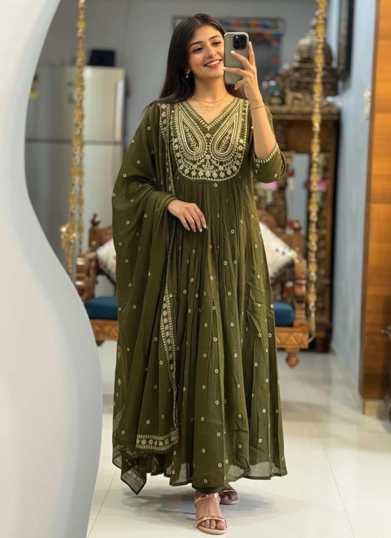 ANNI Designer Women's Rayon Viscose Printed Anarkali Kurta with Pant & Dupatta (Daiwata Mehandi_L_Mehandi_Large) - Image 5