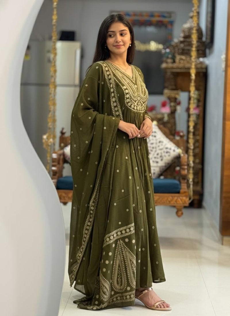 ANNI Designer Women's Rayon Viscose Printed Anarkali Kurta with Pant & Dupatta (Daiwata Mehandi_L_Mehandi_Large) - Image 4