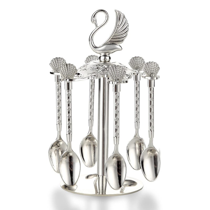 Flylin Decorative Swan Base Holder with 6 Spoons Teaspoons Coffee Dessert Spoons Set for Fruit Stirring Mixing Sugar Ice Cream Cake Silver