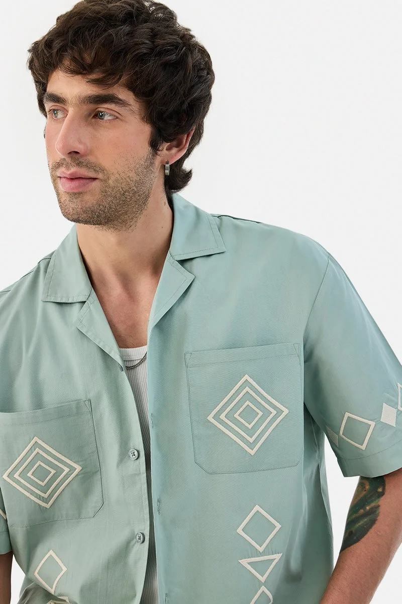 SNITCH Light Green Embroidered Half Sleeve Boxy Shirt