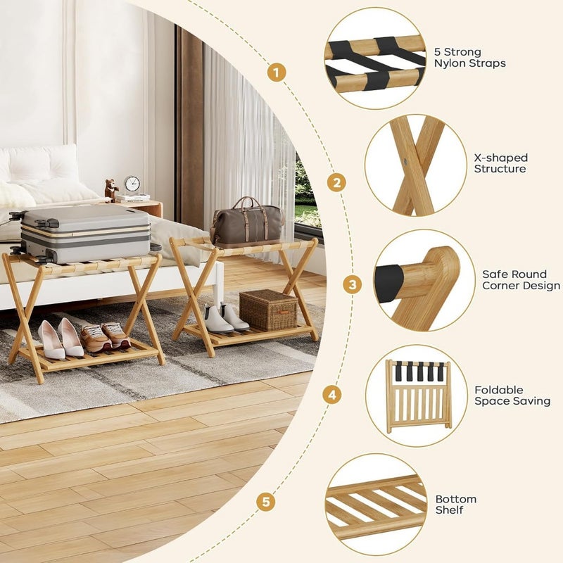 Fully Assembled Bamboo Luggage Racks, Upgraded Foldable Suitcase Stand with 5 Nylon Straps, Luggage Holders with Shoe Shelf Ideal for Guest Room, Bedroom, Hotel, Honey Oak - Image 3