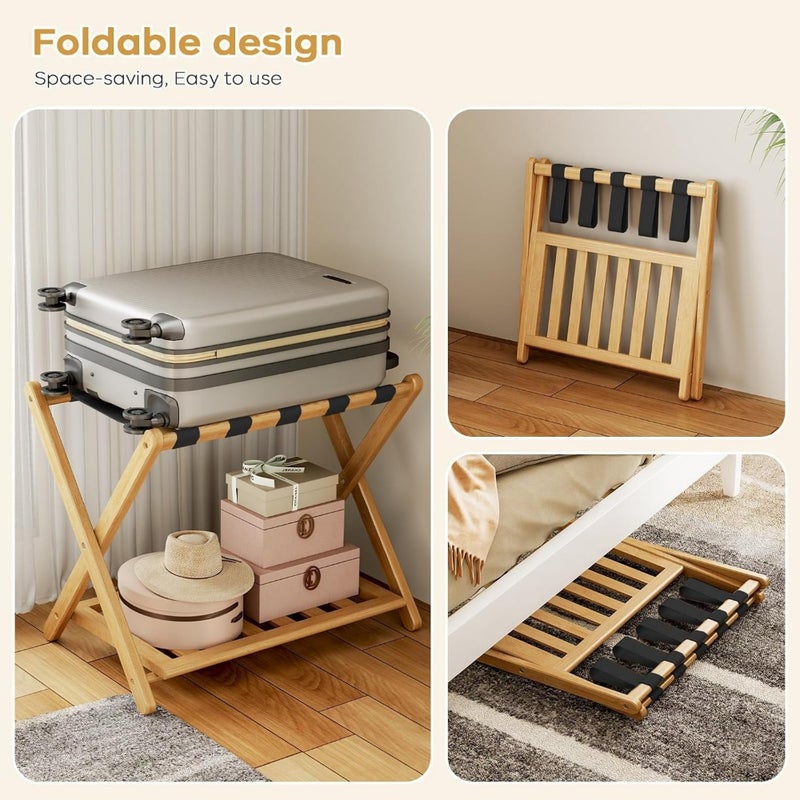 Fully Assembled Bamboo Luggage Racks, Upgraded Foldable Suitcase Stand with 5 Nylon Straps, Luggage Holders with Shoe Shelf Ideal for Guest Room, Bedroom, Hotel, Honey Oak - Image 5