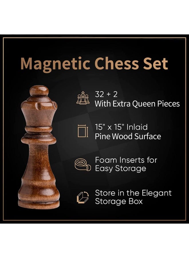 Chess Sets,15 Inch Magnetic Wooden Chess Set, Board Game for Adults and Kids, with 24 Checkers Pieces Extra & 2 Extra Queens,Portable Travel Chess Board Game Sets - Image 3