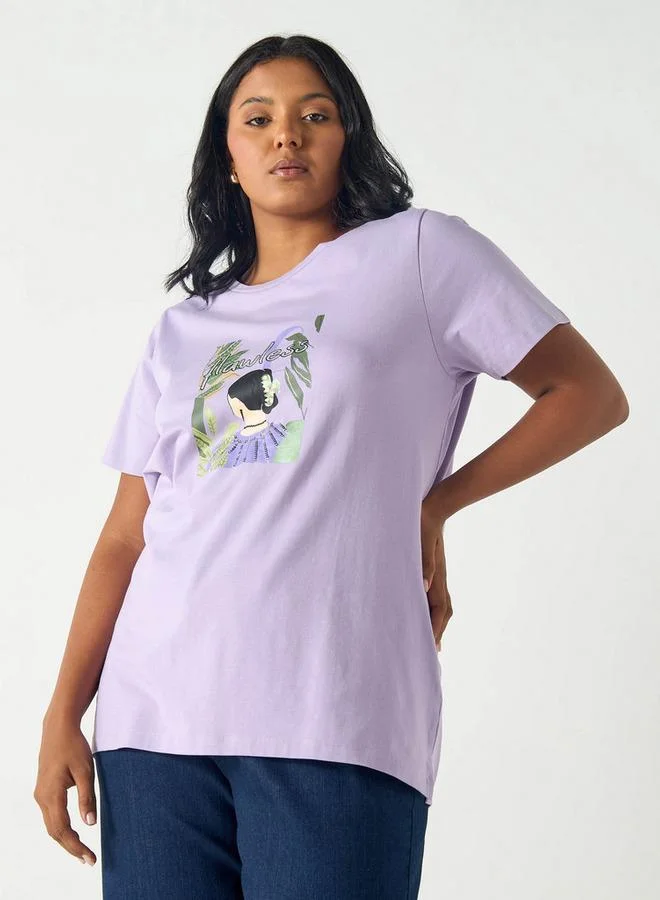 Ulla Popken Plus Size Ulla Popken Graphic Print Round Neck T-shirt with Short Sleeves