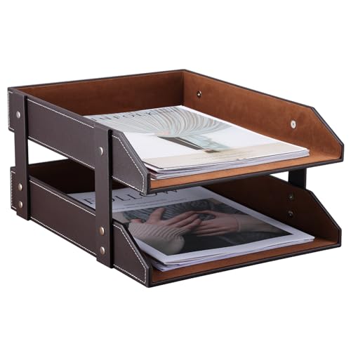 KINGFOM Letter Tray, Leather Paper Organizer Tray, Wooden Desk File Holder, Desktop File, Stackable Magazine Holder, Mail Sorter, Great for Home or Office - 2 Level Brown - Image 1