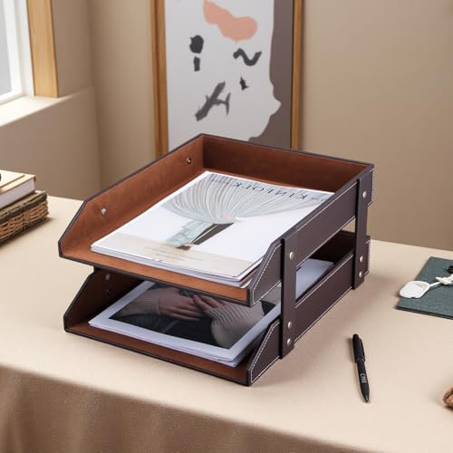 KINGFOM Letter Tray, Leather Paper Organizer Tray, Wooden Desk File Holder, Desktop File, Stackable Magazine Holder, Mail Sorter, Great for Home or Office - 2 Level Brown - Image 3