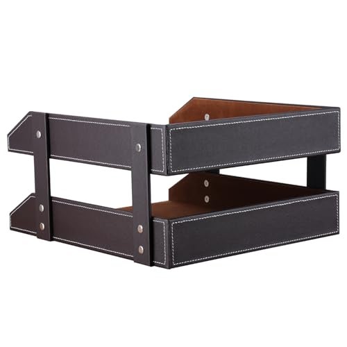 KINGFOM Letter Tray, Leather Paper Organizer Tray, Wooden Desk File Holder, Desktop File, Stackable Magazine Holder, Mail Sorter, Great for Home or Office - 2 Level Brown - Image 5