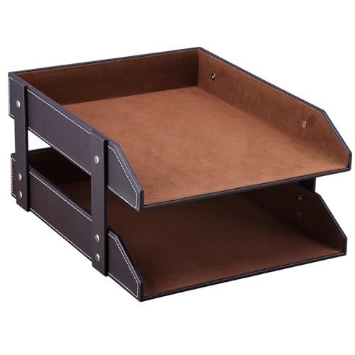 KINGFOM Letter Tray, Leather Paper Organizer Tray, Wooden Desk File Holder, Desktop File, Stackable Magazine Holder, Mail Sorter, Great for Home or Office - 2 Level Brown - Image 4