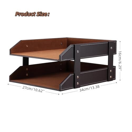 KINGFOM Letter Tray, Leather Paper Organizer Tray, Wooden Desk File Holder, Desktop File, Stackable Magazine Holder, Mail Sorter, Great for Home or Office - 2 Level Brown - Image 2