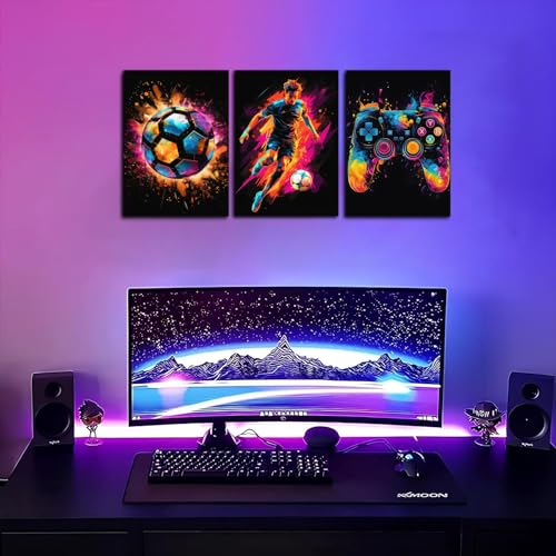 BGFCE Framed Canvas Wall Art Decor, Paintings Art Game Controller Color Splash Ink Canvas Painting, Posters for Room Aesthetic, Soccer Wall Art for Boys Room Decor 1216 - Set of 3 - Image 2