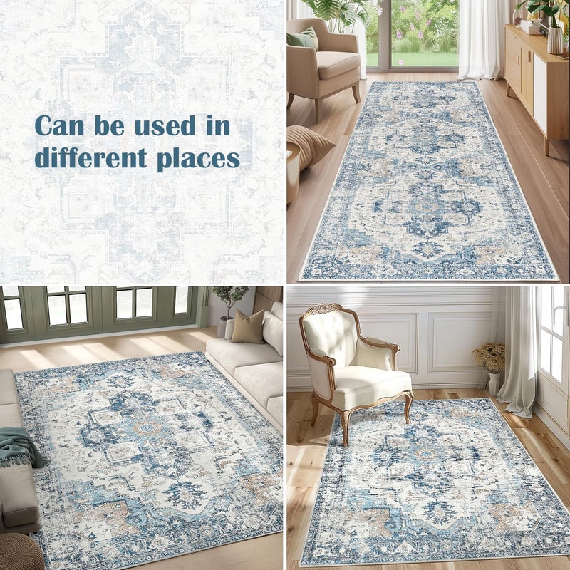 jinchan Area Rug 274x183CM Washable Rug Indoor Vintage Rug Floor Cover Print Distressed Carpet Multi Thin Rug Chenille Blue Foldable Accent Rug Lightweight Non Slip Kitchen Living Room Dining Room - Image 5