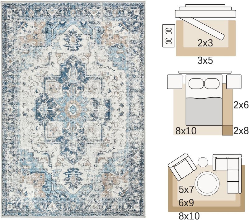 jinchan Area Rug 274x183CM Washable Rug Indoor Vintage Rug Floor Cover Print Distressed Carpet Multi Thin Rug Chenille Blue Foldable Accent Rug Lightweight Non Slip Kitchen Living Room Dining Room - Image 2