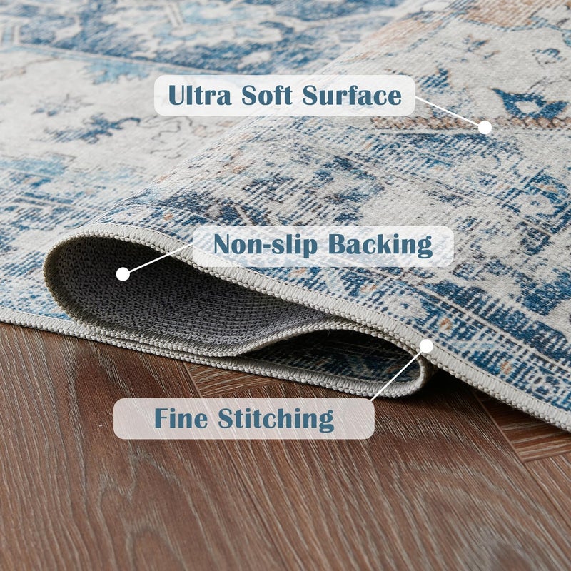 jinchan Area Rug 274x183CM Washable Rug Indoor Vintage Rug Floor Cover Print Distressed Carpet Multi Thin Rug Chenille Blue Foldable Accent Rug Lightweight Non Slip Kitchen Living Room Dining Room - Image 3