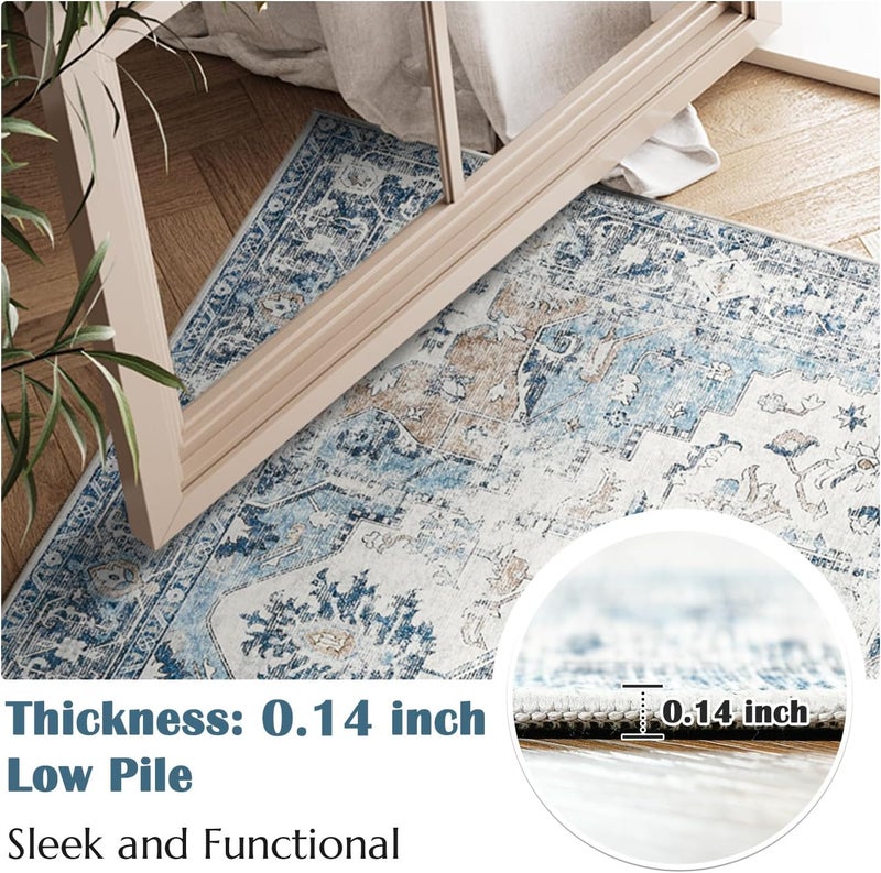 jinchan Area Rug 274x183CM Washable Rug Indoor Vintage Rug Floor Cover Print Distressed Carpet Multi Thin Rug Chenille Blue Foldable Accent Rug Lightweight Non Slip Kitchen Living Room Dining Room - Image 4
