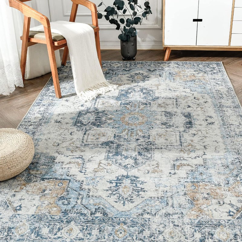 jinchan Area Rug 274x183CM Washable Rug Indoor Vintage Rug Floor Cover Print Distressed Carpet Multi Thin Rug Chenille Blue Foldable Accent Rug Lightweight Non Slip Kitchen Living Room Dining Room - Image 1
