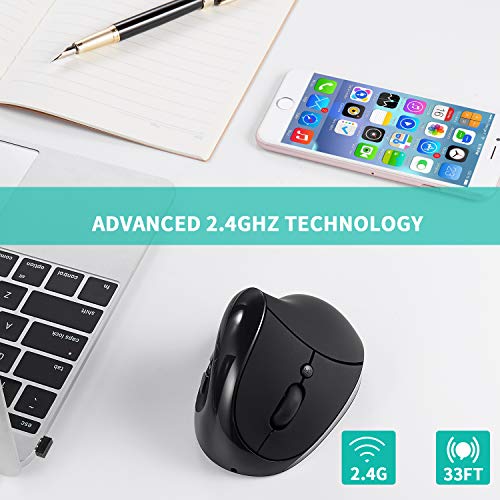 AURTEC Left-Handed Mouse, Rechargeable 2.4G Wireless Ergonomic Vertical Mice with USB Receiver, 6 Buttons and 3 Adjustable DPI 800/1200/1600 for Left Hand, （Black） - Image 3
