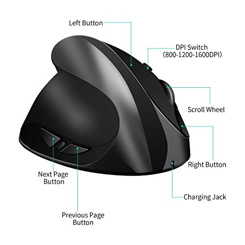 AURTEC Left-Handed Mouse, Rechargeable 2.4G Wireless Ergonomic Vertical Mice with USB Receiver, 6 Buttons and 3 Adjustable DPI 800/1200/1600 for Left Hand, （Black） - Image 5